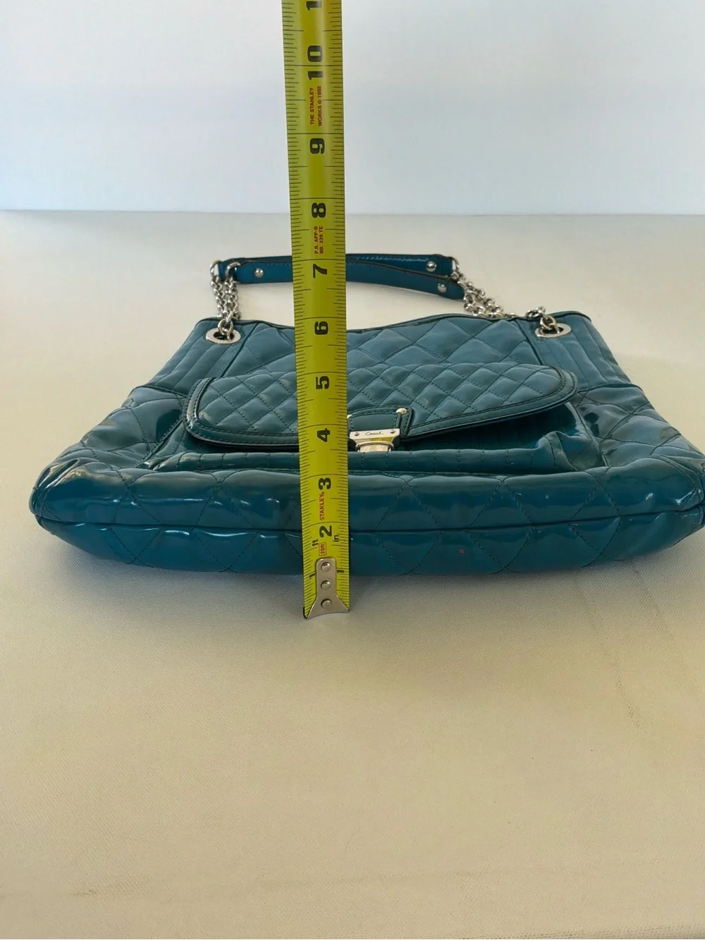 Coach Ashley Teal Patent Leather Quilted Tote Shoulder Bag Chain Strap Large
